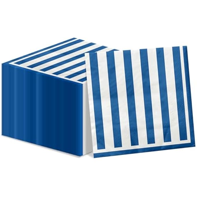 100 PCS BLUE AND WHITE STRIPED NAPKINS, NAVY BLUE AND WHITE COCKTAIL BEVERAGE PAPER NAPKIN LUNCH NAPKIN FOR BOY MEN BIRTHDAY BRIDAL BABY SHOWER WEDDING - Image 1